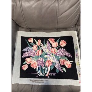 Vintage 1991 Dimensions Completed Needlepoint Floral Tulips Lilacs Black 21x17